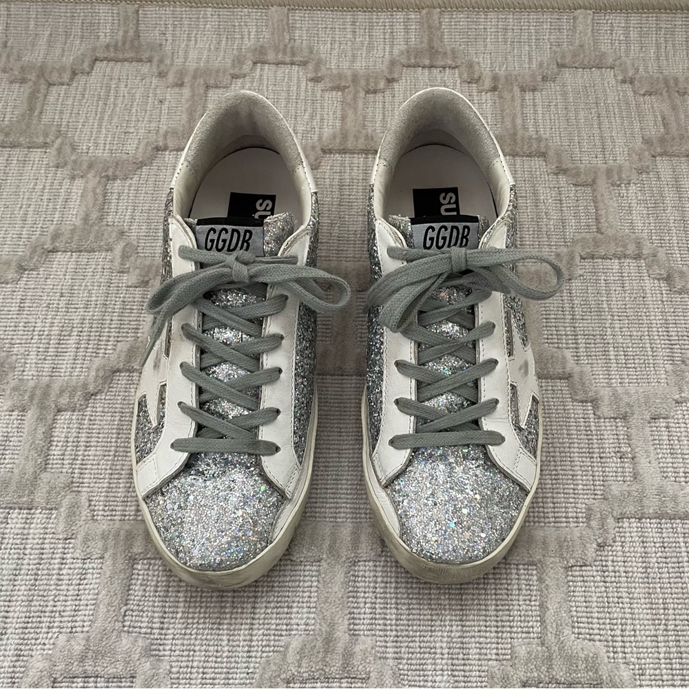 Golden Goose super-star sneaker, size 38, silver glitter with white leather